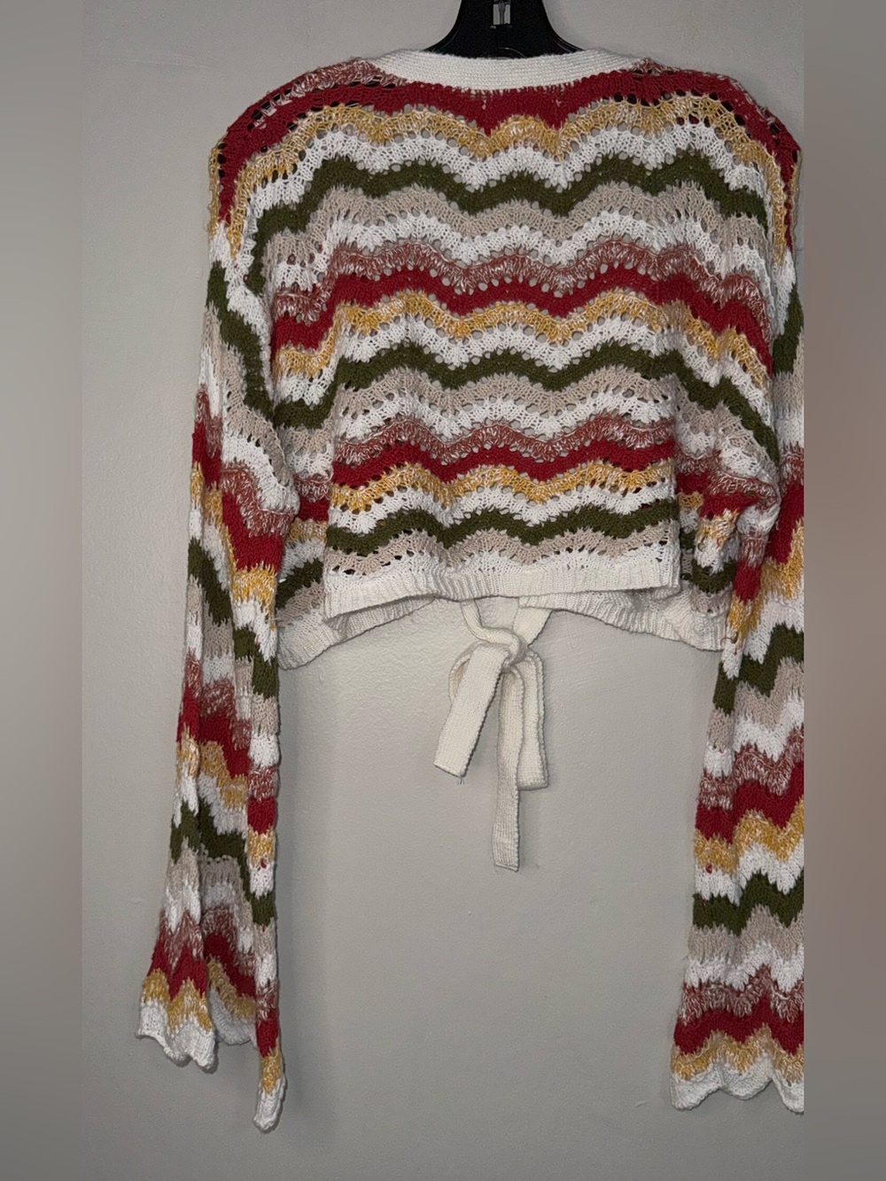 Crochet Tie-Front Cardigan in Cream with Olive, Pink & Gold Chevron - Picture 8 of 12
